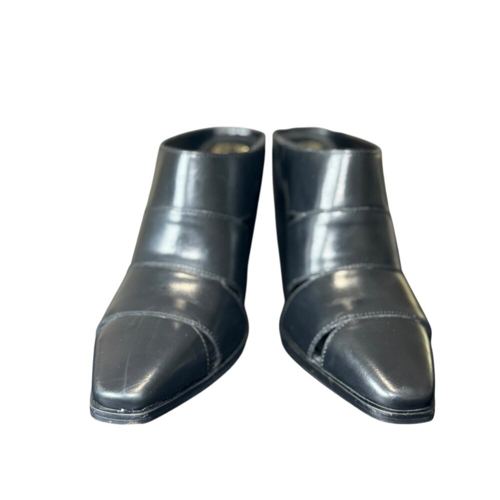 Vince Camuto Black Leather Mules Block Heel Square Toe Cutout Slide Sandals 7M